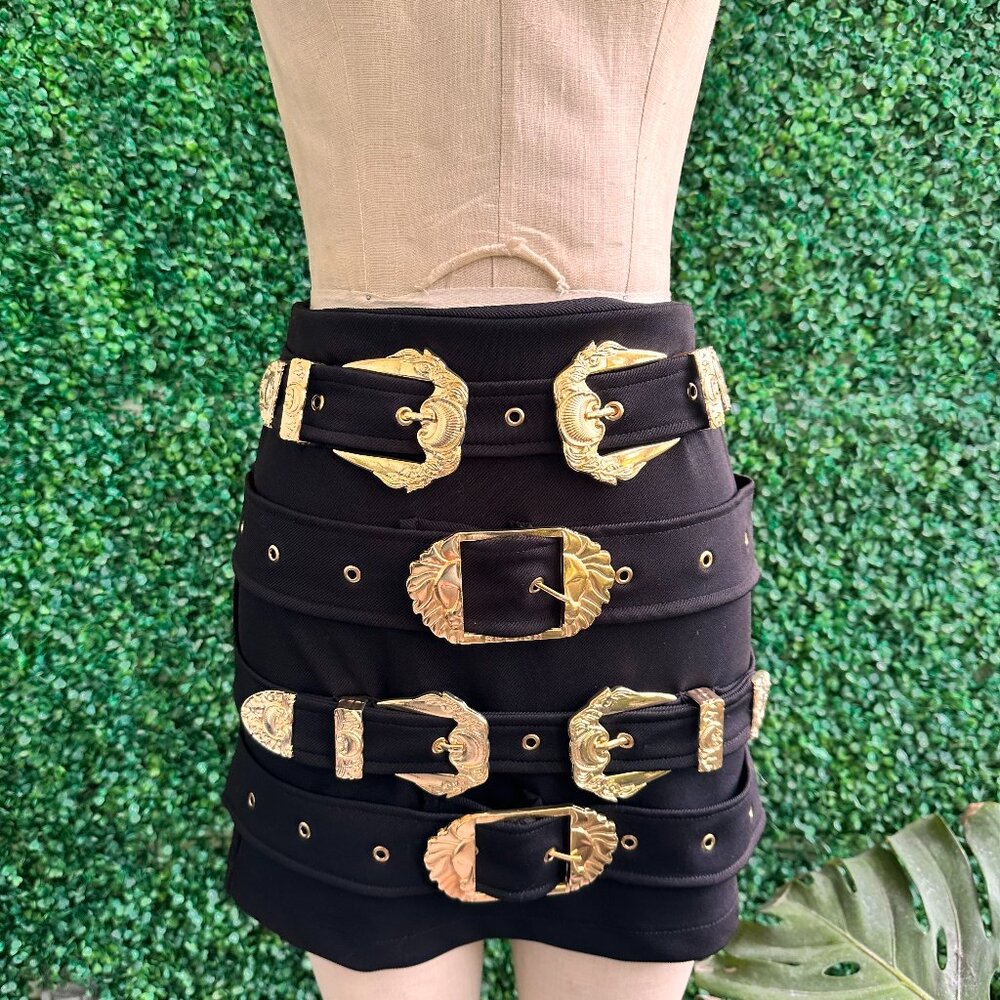 Black Buckle Down High-Rise stretchy mini Skirt New with Tags M